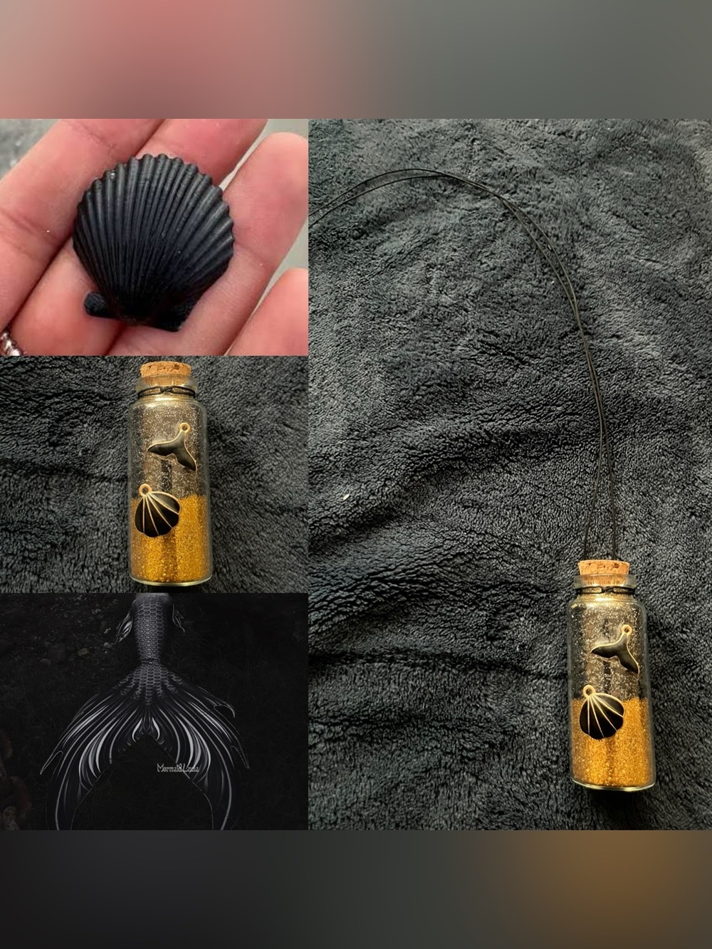 Black/Gold Seashell/Mermaid Tail Potion Fairy Bottle Glitter Necklace w/ Pendant